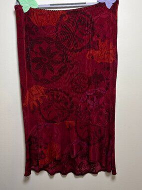 Vintage 90s Chico's Travelers Red Elephant Mandala Ruffle Midi Skirt Whimsygoth